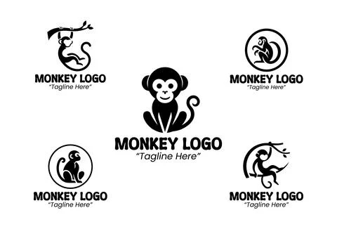 5 Monkey Logo Set Black and White Modern Minimalist Animal Brand Design Stock Illustration