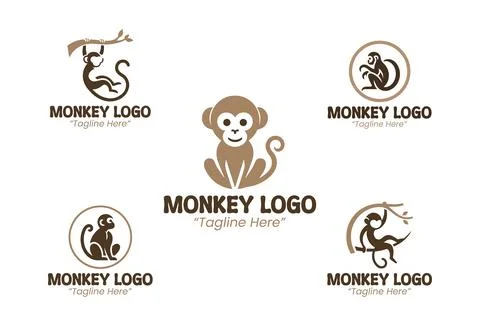 5 Monkey Logo Set Brown and Beige Color Modern Minimalist Animal Brand Design Illustrazione stock