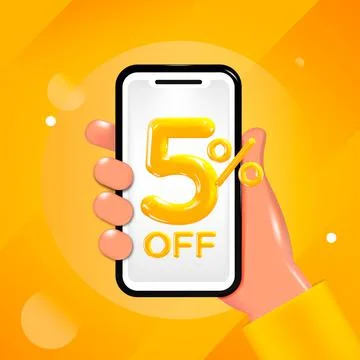 5 or five percent off design. Hand holding a mobile phone with an offer message. Stock Illustration