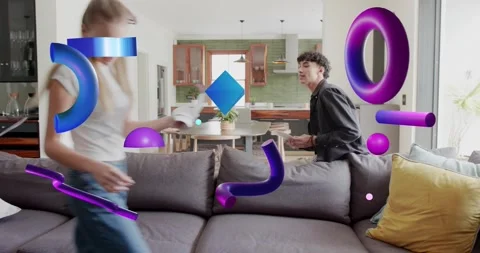 5 peers entering room with notes arranging on sofa studying purple blue 3D Stock Footage 322523531