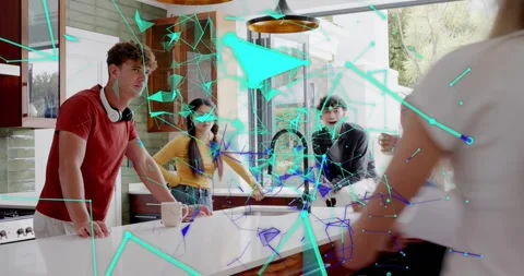 5 peers gathering at island when blonde tapping phone blue shard guiding focus Stock Footage 322523408