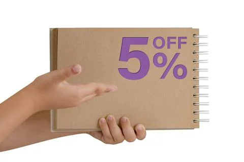 5 percent discount on isolate. Notepad from recycled paper in the hands of a Stock Photos