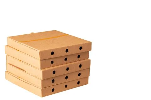 5 Pizza box: tall stack isolated on white Stock-Fotos