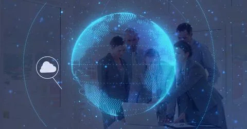5 professionals wearing suits analyzing laptop data at conference table, with Foto stock