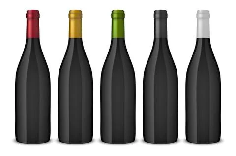 5 realistic vector black wine bottles without labels isolated on white Stock Illustration