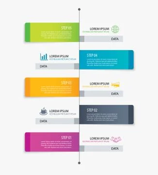 5 rectangle tab timeline infographic options template with paper sheets. Vect Stock Illustration