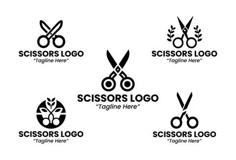 5 Scissors Logo Set Minimalist Tool Brand Design Black and White Stock Illustration