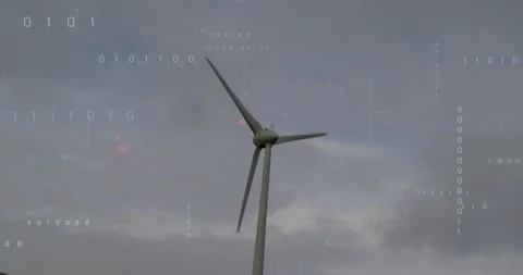 At 5-second binary digits and code snippets appearing around rotating wind Stock Footage 317275307