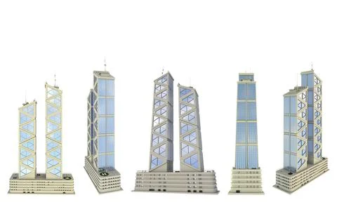 5 side view renders of abstract tall buildings with two towers Stock Illustration