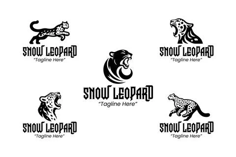 5 Snow Leopard Logo Set Black and White Modern Minimalist Animal Brand Design Stock Illustration