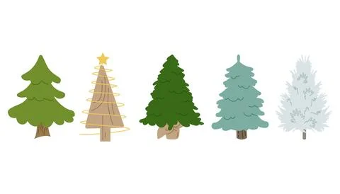5 Spruce And Pine Trees. Set of green, white and blue Christmas trees Stock Illustration