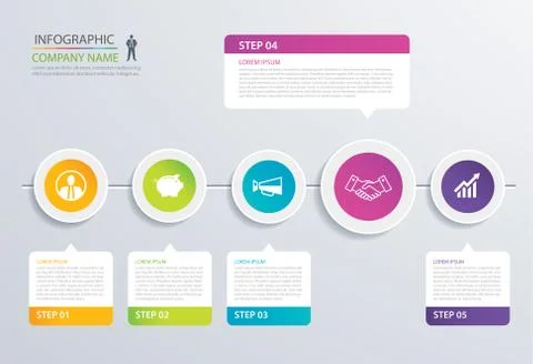 5 step circle timeline infographic options template with paper sheets. Vector Illustrazione stock
