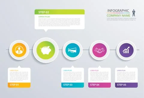 5 step circle timeline infographic options template with paper sheets. Vector Illustrazione stock