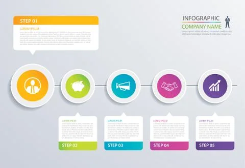 5 step circle timeline infographic options template with paper sheets. Vector Stock Illustration