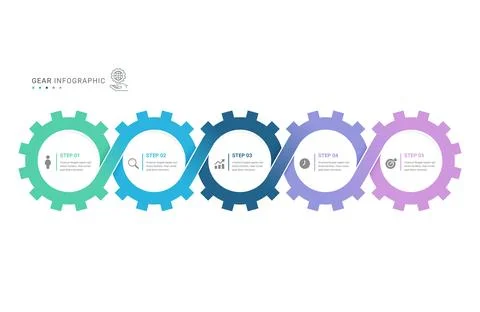 5 Step Gear Process Infographic Diagram Template Background with Connected .. Stock Illustration