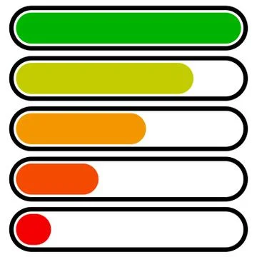 5-step progress, load bars in sequence. Step, phase, level, completion indica Illustrazione stock