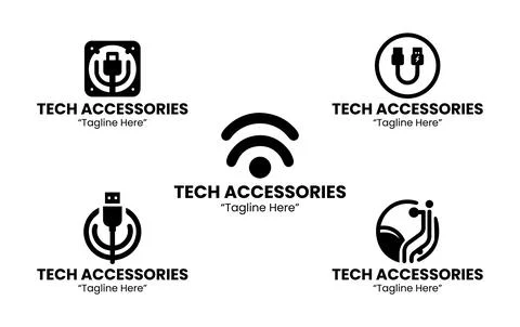 5 Tech Accessories Logo Set Digital Gadget Brand Identity Black and White Stock Illustration