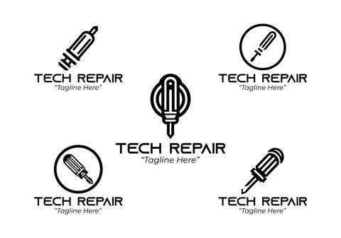 5 Tech Repair Logo Set Electronic Device Service Brand Black and White Stock Illustration