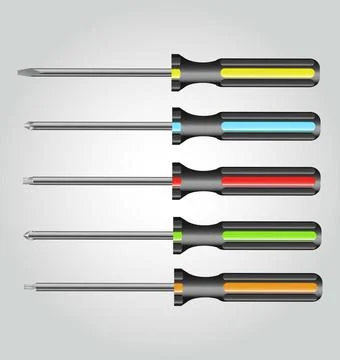 5 types of realistic screwdrivers of different colors made in vectors Stock Illustration