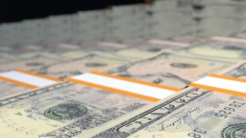 5 US dollar money composition. Financial background. Many banknotes and wads  Stock Illustration