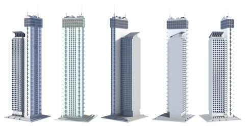 5 various sides view renders of skyscrapers living towers - isolated Stock Illustration