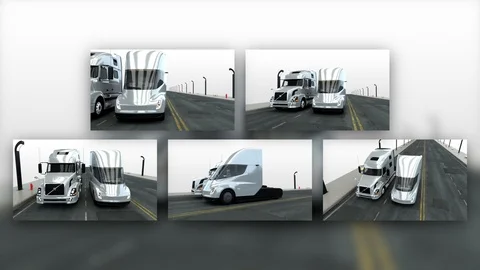 5 videos or Tesla 2020 Semi Truck next to a Volvo VNL Tractor Truck - Silver Stock Footage