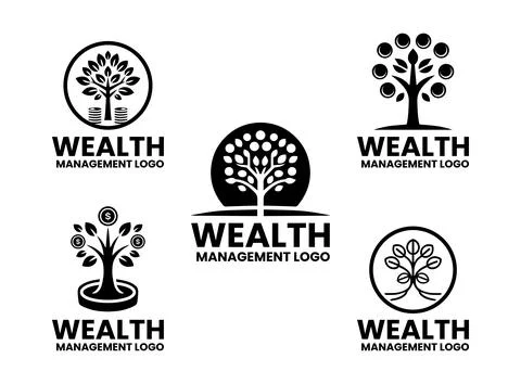 5 Wealth Management Logo Set Black and White Modern Minimalist Finance Bran.. Illustrazione stock