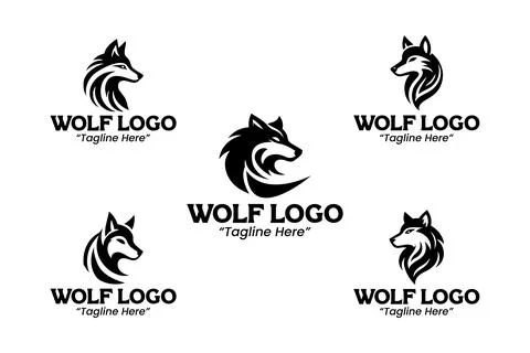 5 Wolf Logo Set Black and White Modern Minimalist Animal Brand Design Stock Illustration