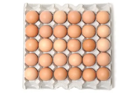 5 x 6 egg box and eggs on white background Stock Photos