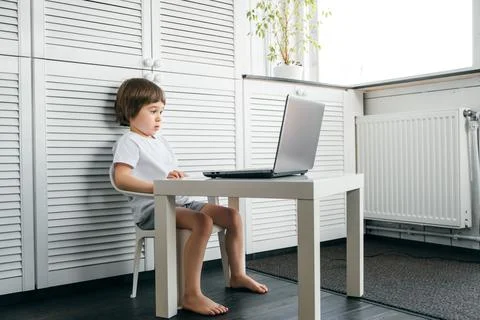 5 year boy sit at the table uses laptop and looks at the screen. Child is doi Stock Photos