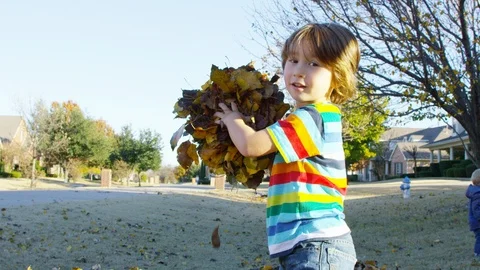 5 year old boy throws a clump of leaves into the camera Vidéo 93889744