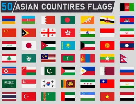 50 Asian Countries Flags Set Vector Stock Illustration