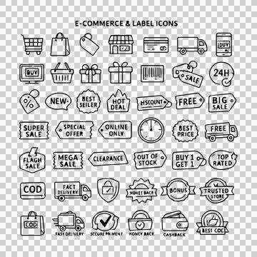 50 Black and White E-Commerce Outline Icons Collection Design Stock Illustration
