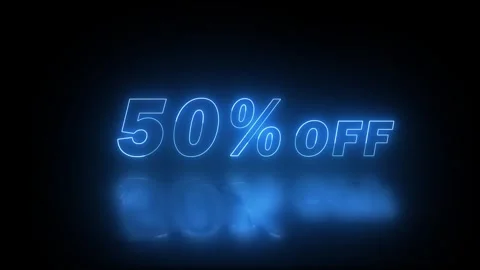 50% Off blue neon text animation with reflection on dark for sales promotions Stock Footage 340032368