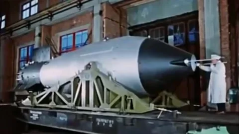 50 Megaton Tsar Bomba. Ivan RDS-220 Hydrogen Bomb. 1961 (93) Stock Footage 237569394