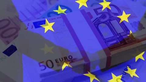 50€ notes staying centered frames starting EU flag overlay shifting and shadow Video stock 328657166