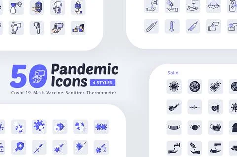 50 Pandemic icons with 4 different Variations, Covid 19, Mask, Sanitizer, Vac Stock Illustration