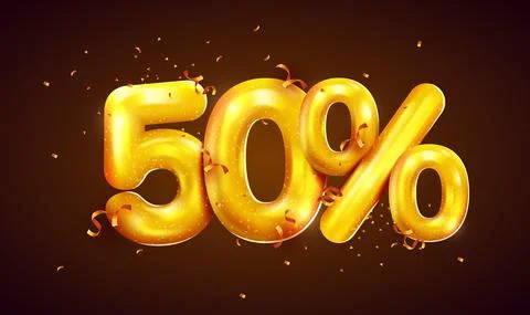 50 percent Off. Discount creative composition of golden balloons. 3d mega sale Stock Illustration