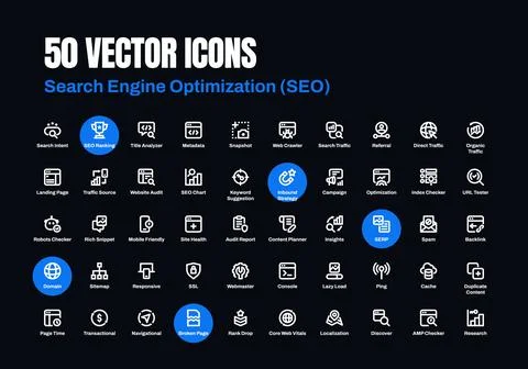 50 Search Engine Optimization Line Style Icon Set Stock Illustration