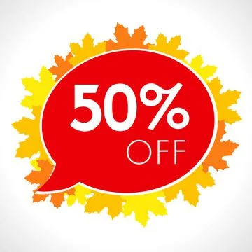 50 off on speech bubble in autumn leaf Illustrazione stock
