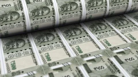500 rupee banknotes are being printed by currency press machine. process of.. Illustrazione stock