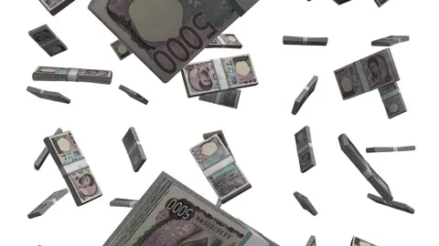 5000 Yen Note Banknotes Falling Animation on White Screen Video stock 295419659
