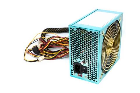 500W Power supply unit with cable and switch I O, green color for full ATX To Stock Photos