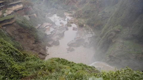 50Fps Pan up shot from platform next to Ouzoud waterfall revealing Ouzoud Valley Stock Footage 100271492