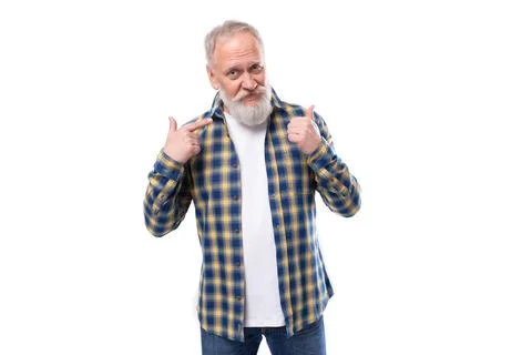 50s mid-aged gray-haired man with a beard in a shirt on a white background Stock Photos
