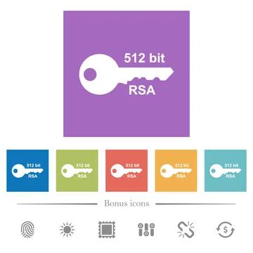 512 bit rsa encryption flat white icons in square backgrounds Stock Illustration