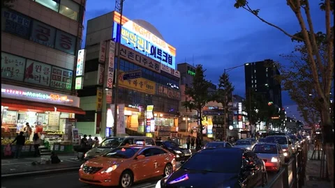 5138 Magic Hour Traffic Near Sinchon Station, Seoul South Korea Stock Footage 338224688