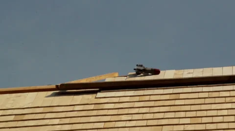 523 closer cedar wooden shingles roof roofing roofer carpenty Stock Footage