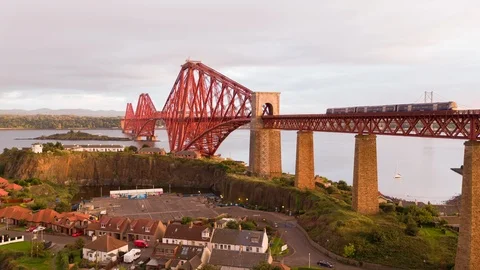 5.2K Drone Footage Forth Bridge - Train Crossing South (Daytime) Stock Footage 85732485