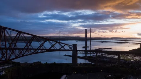 5.2K Stunning sunset over the Forth Bridges, Scotland Stock Footage 85532879